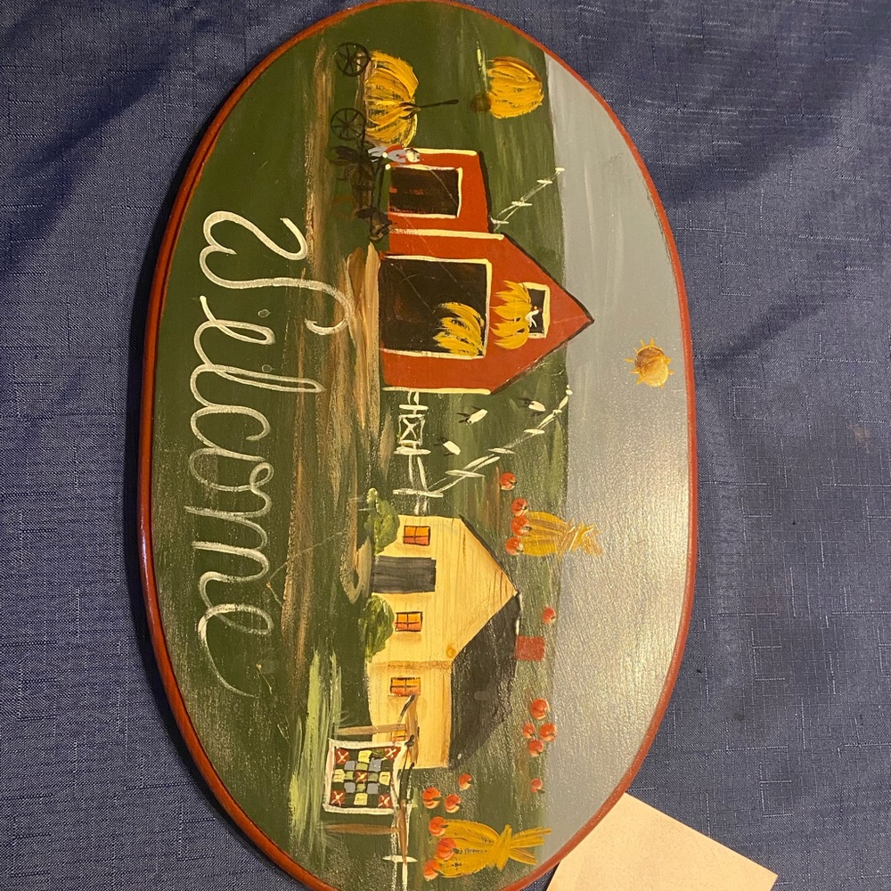 Hand painted wooden oval “Welcome” sign farm scene